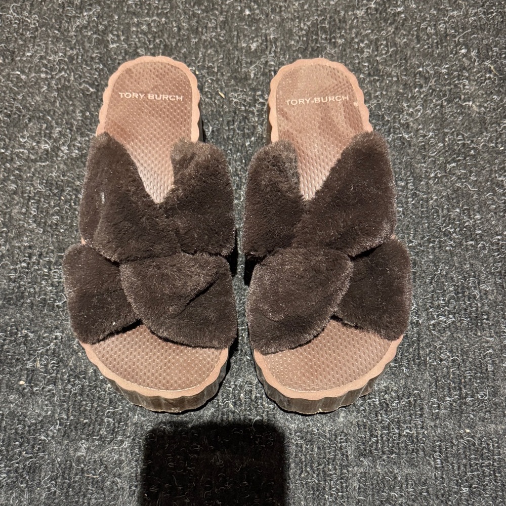 Tory Burch Women's Dark Brown Fuzzy Slippers